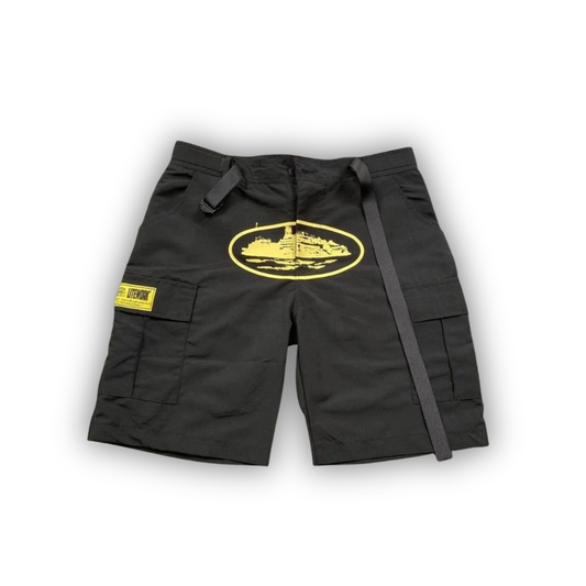Corteiz Alcatraz Logo Cargo Shorts Black/Yellow